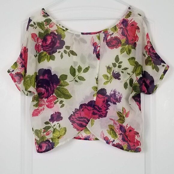 BLACK Poppy Boho Sheer Floral Printed Crop Top - Picture 8 of 9